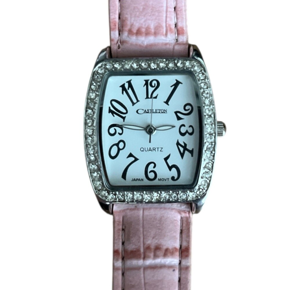 Castleton Women's  Watch Silver Tone Crystal Accented Pink Band New Battery